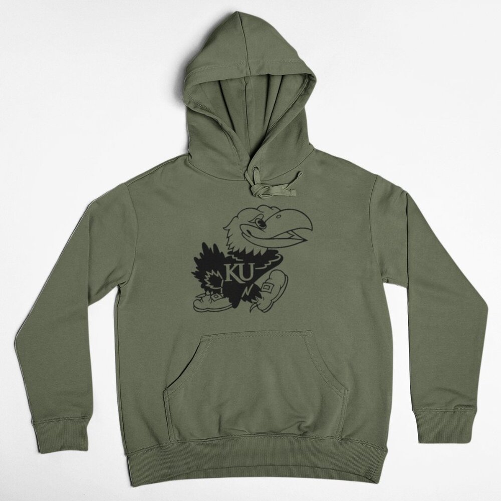 NEW Kansas Jayhawks Mascot Pullover Fleece Hoodie MILITARY ARMY GREEN